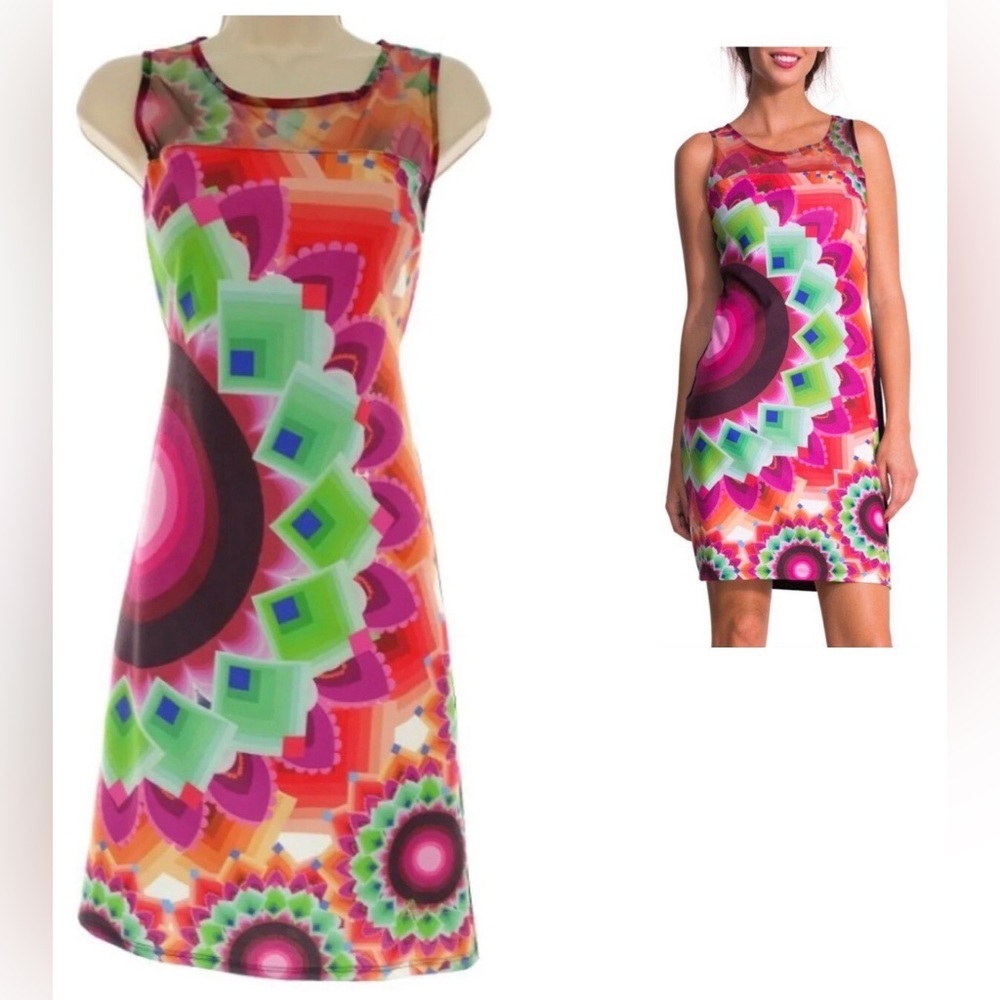 DESIGUAL Adriana Black & Multicoloured Sleeveless Mesh-Top Abstract Dress
